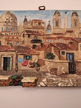 Vintage 1970s Italian 3D Wall Plaque Tetti di Via Margutta Roma Hand Painted